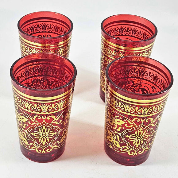 Set of 4 Moroccan Tea Glasses Red Gold Ornate Scrolls Paisley - Picture 3 of 5